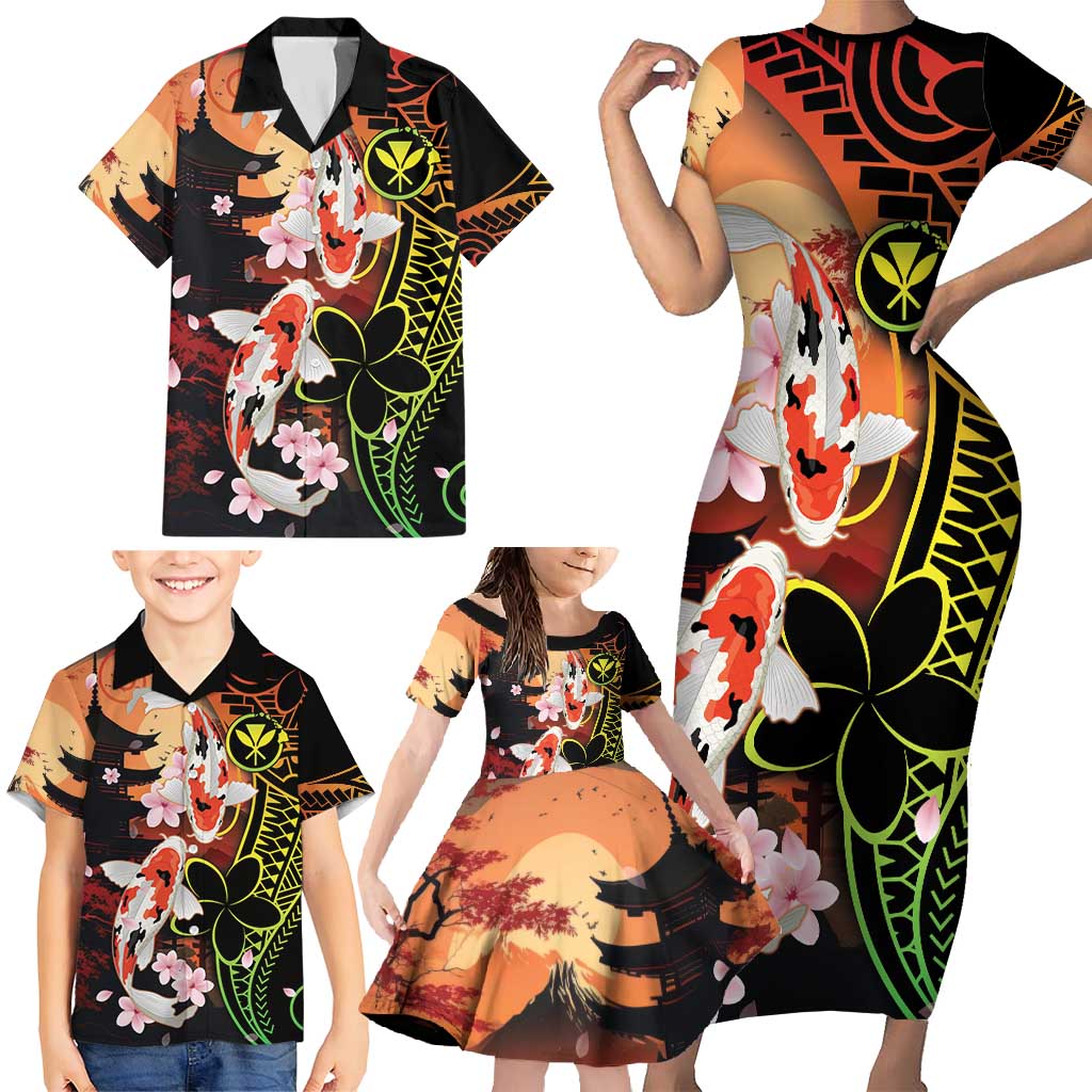 Hawaiian and Japanese Family Matching Short Sleeve Bodycon Dress and Hawaiian Shirt Koi Fish With Kanaka Polynesian Tattoo - Polynesian Pride