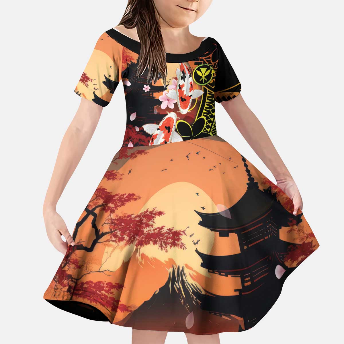 Hawaiian and Japanese Kid Short Sleeve Dress Koi Fish With Kanaka Polynesian Tattoo - Polynesian Pride