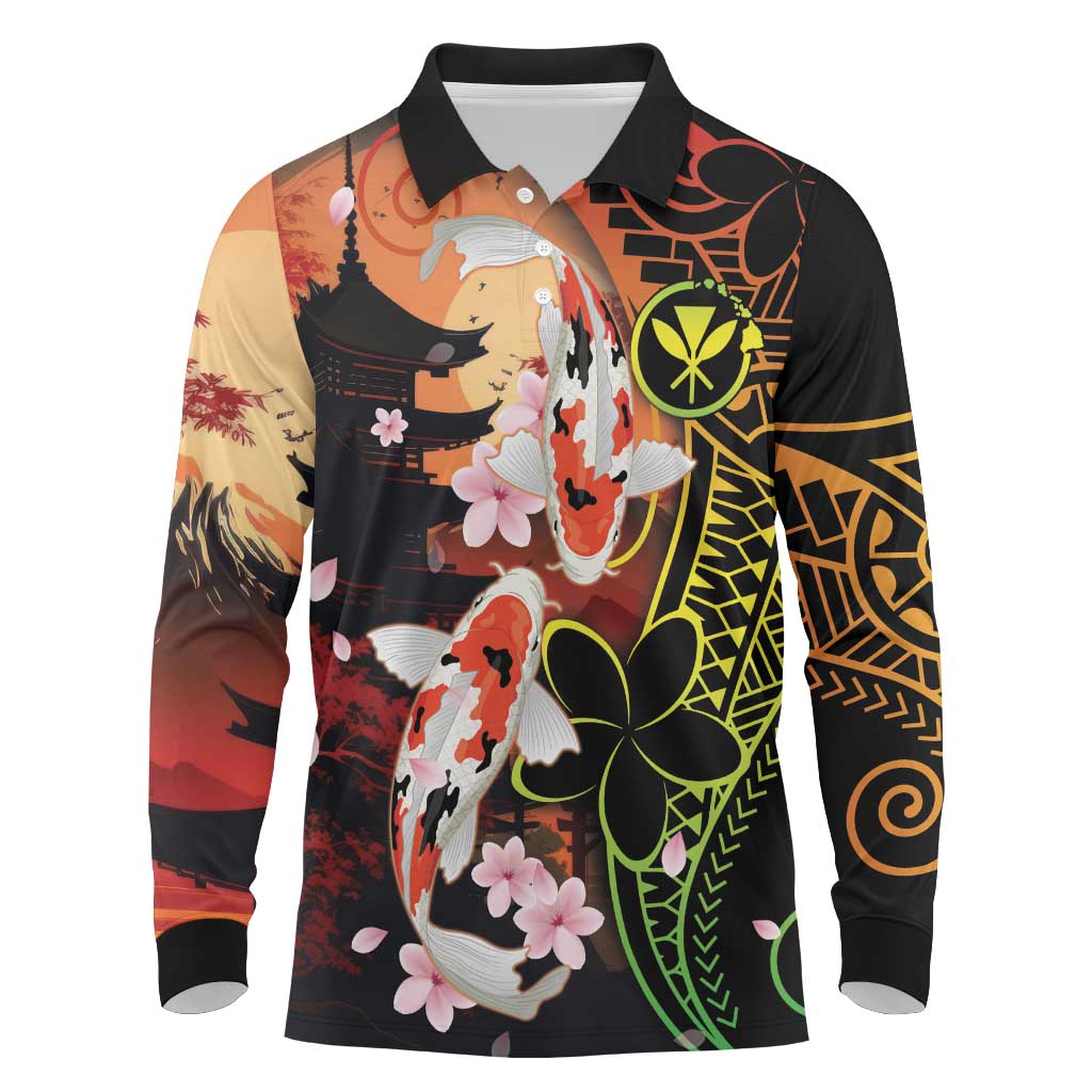Hawaiian and Japanese Long Sleeve Polo Shirt Koi Fish With Kanaka Polynesian Tattoo - Polynesian Pride