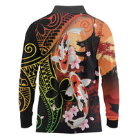 Hawaiian and Japanese Long Sleeve Polo Shirt Koi Fish With Kanaka Polynesian Tattoo - Polynesian Pride