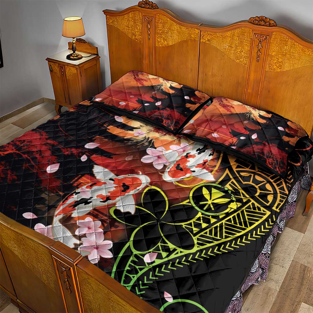 Hawaiian and Japanese Quilt Bed Set Koi Fish With Kanaka Polynesian Tattoo - Polynesian Pride
