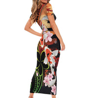 Hawaiian and Japanese Short Sleeve Bodycon Dress Koi Fish With Kanaka Polynesian Tattoo - Polynesian Pride