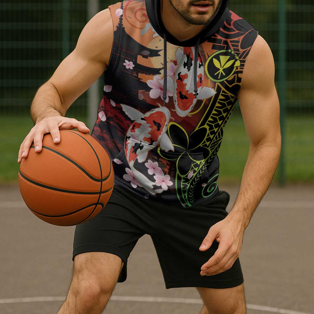 Hawaiian and Japanese Sleeveless Hoodie Koi Fish With Kanaka Polynesian Tattoo - Polynesian Pride