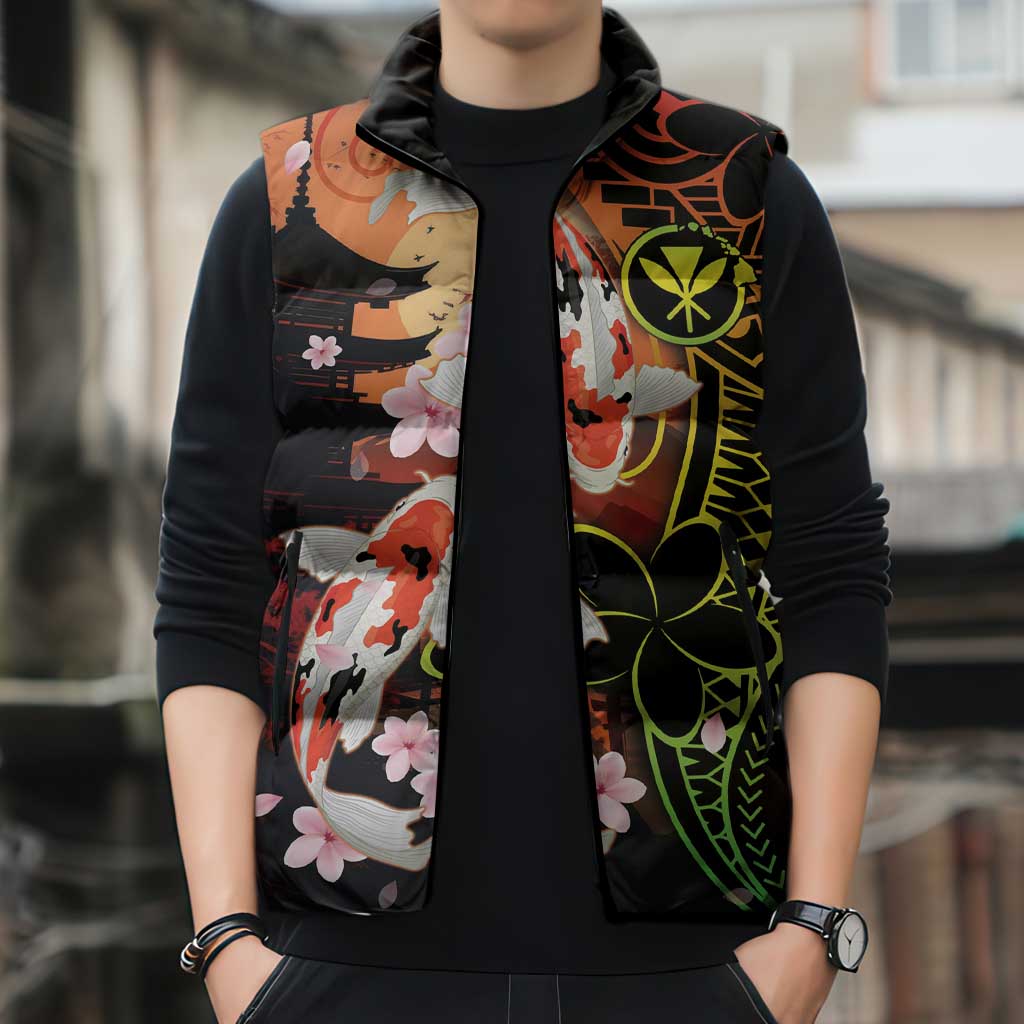 Hawaiian and Japanese Sleeveless Puffer Jacket Koi Fish With Kanaka Polynesian Tattoo - Polynesian Pride