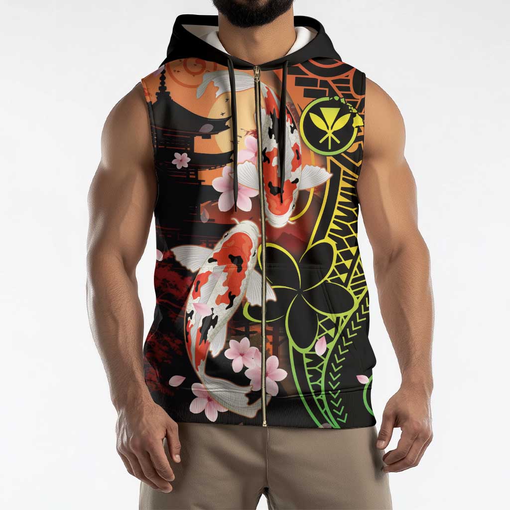 Hawaiian and Japanese Sleeveless Zip Hoodie Koi Fish With Kanaka Polynesian Tattoo - Polynesian Pride