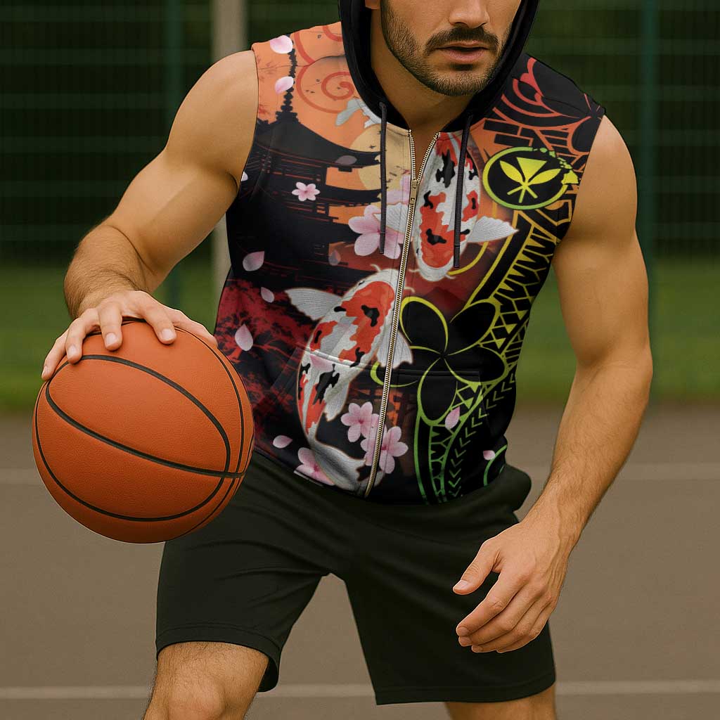 Hawaiian and Japanese Sleeveless Zip Hoodie Koi Fish With Kanaka Polynesian Tattoo - Polynesian Pride