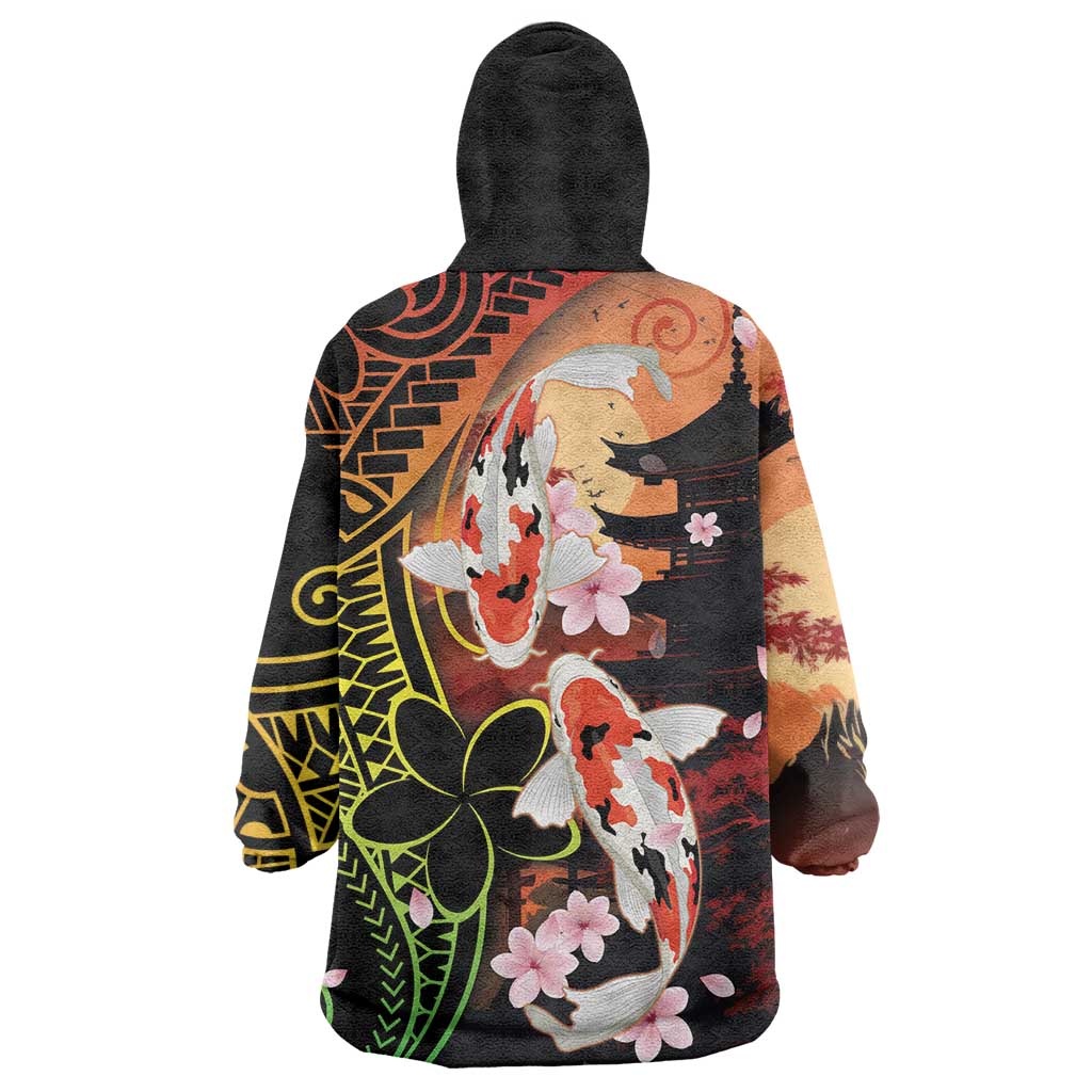 Hawaiian and Japanese Wearable Blanket Hoodie Koi Fish With Kanaka Polynesian Tattoo - Polynesian Pride
