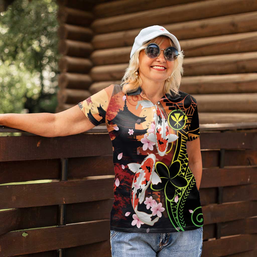 Hawaiian and Japanese Women Polo Shirt Koi Fish With Kanaka Polynesian Tattoo - Polynesian Pride
