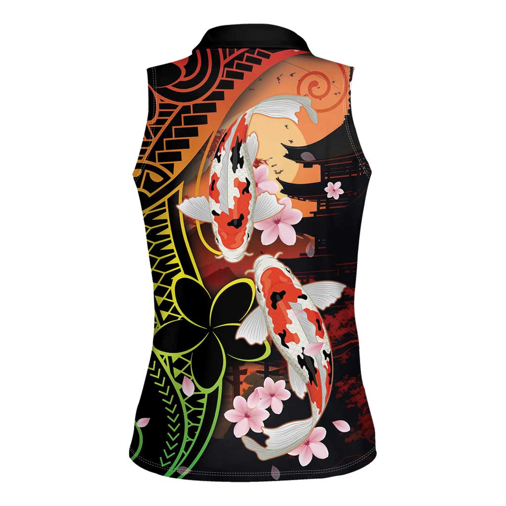Hawaiian and Japanese Women Sleeveless Polo Shirt Koi Fish With Kanaka Polynesian Tattoo - Polynesian Pride