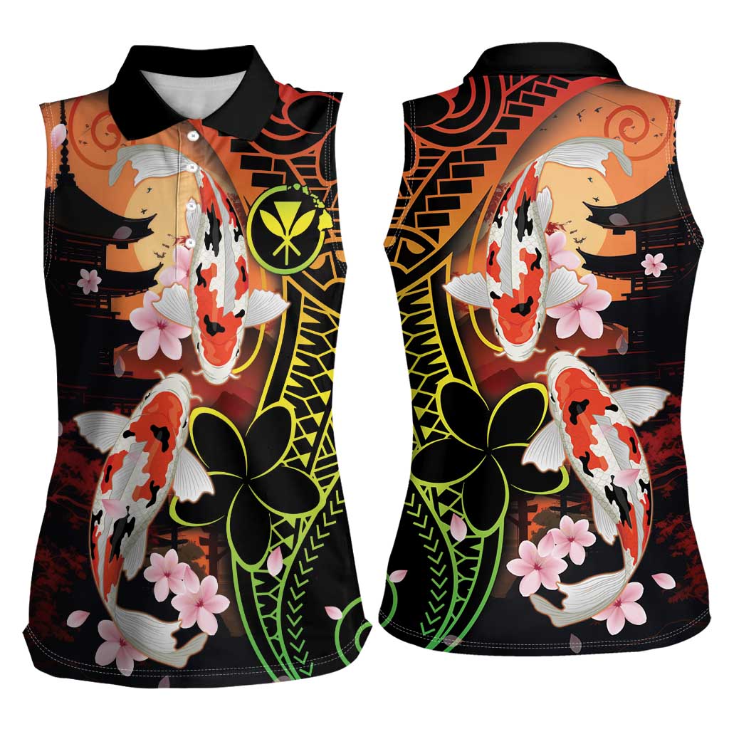 Hawaiian and Japanese Women Sleeveless Polo Shirt Koi Fish With Kanaka Polynesian Tattoo - Polynesian Pride