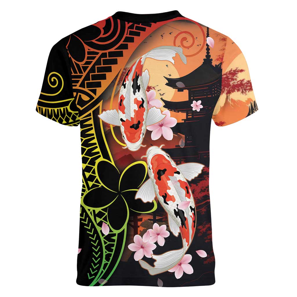 Hawaiian and Japanese Women V-Neck T-Shirt Koi Fish With Kanaka Polynesian Tattoo - Polynesian Pride
