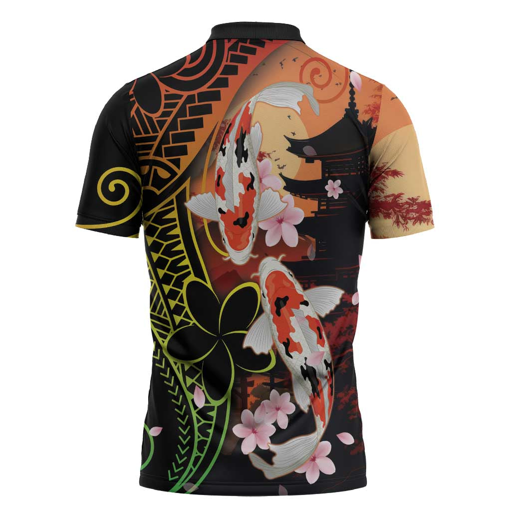 Hawaiian and Japanese Zipper Polo Shirt Koi Fish With Kanaka Polynesian Tattoo - Polynesian Pride
