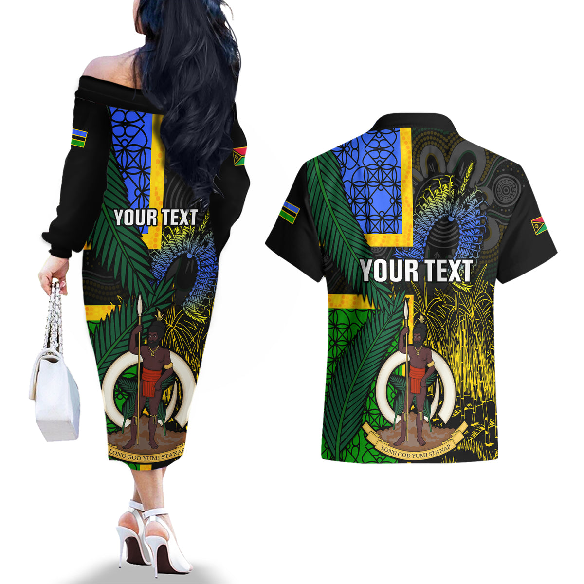 Personalised South Sea Islanders Couples Matching Off The Shoulder Long Sleeve Dress and Hawaiian Shirt Kanakas With Vanuatu Coat Of Arms LT14 - Polynesian Pride