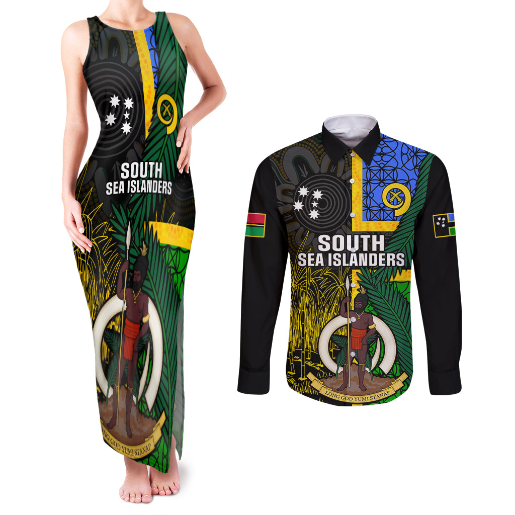 Personalised South Sea Islanders Couples Matching Tank Maxi Dress and Long Sleeve Button Shirts Kanakas With Vanuatu Coat Of Arms LT14 Black - Polynesian Pride