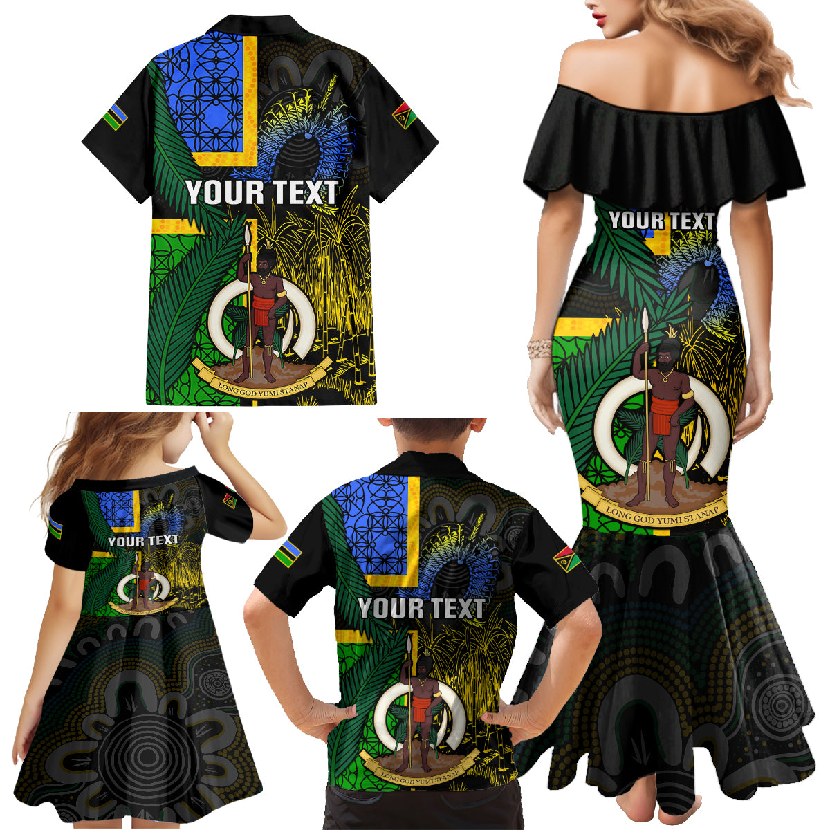 Personalised South Sea Islanders Family Matching Mermaid Dress and Hawaiian Shirt Kanakas With Vanuatu Coat Of Arms LT14 - Polynesian Pride