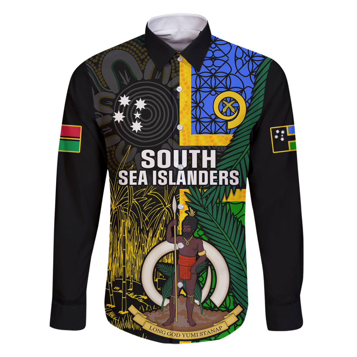 Personalised South Sea Islanders Family Matching Short Sleeve Bodycon Dress and Hawaiian Shirt Kanakas With Vanuatu Coat Of Arms LT14 Dad's Shirt - Long Sleeve Black - Polynesian Pride