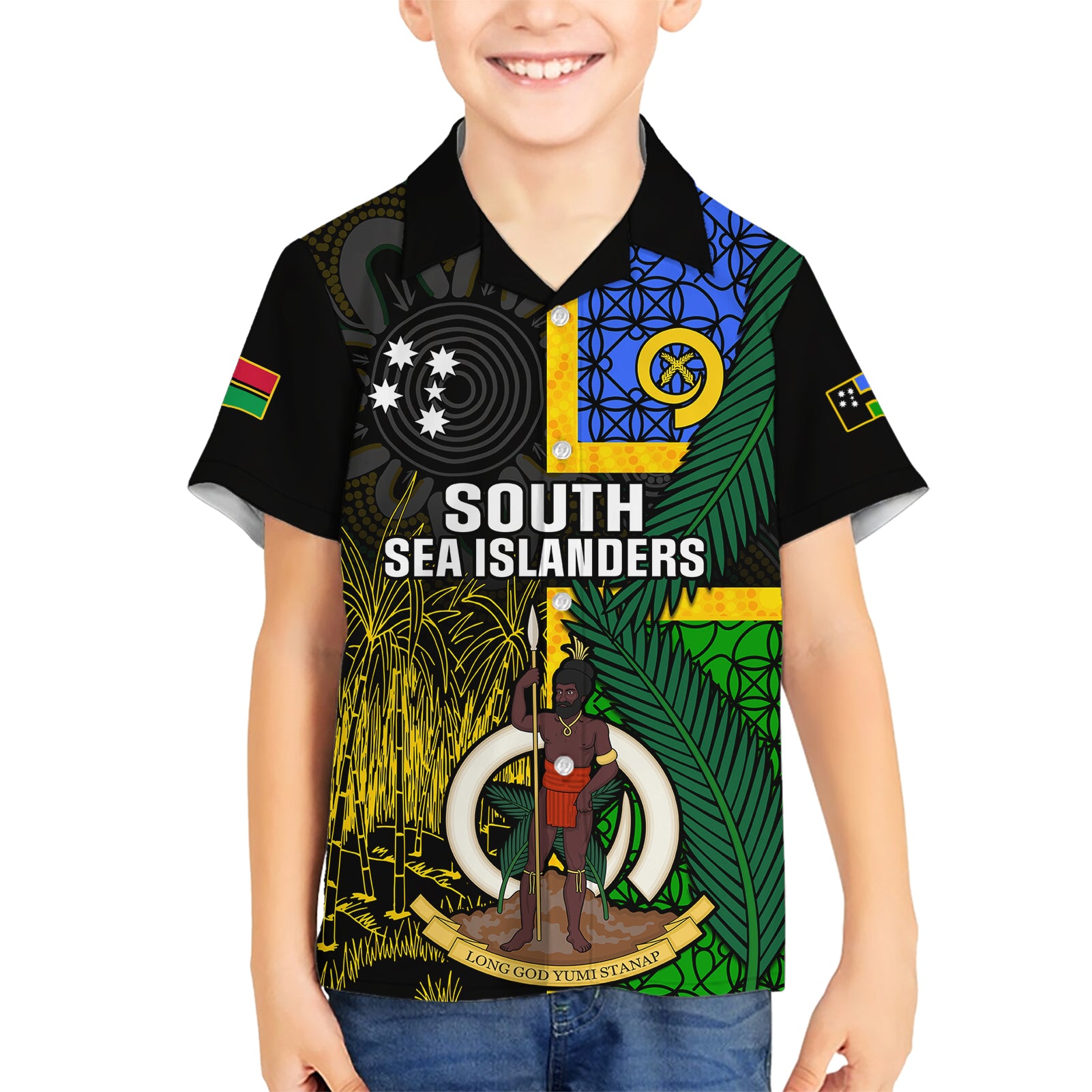 Personalised South Sea Islanders Kid Hawaiian Shirt Kanakas With Vanuatu Coat Of Arms LT14 Kid Black - Polynesian Pride