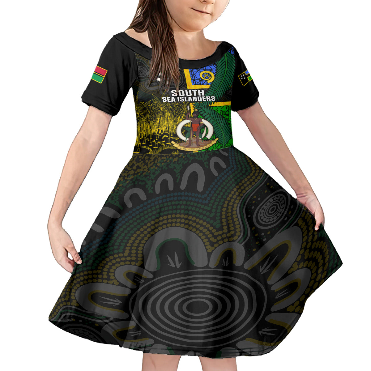 Personalised South Sea Islanders Kid Short Sleeve Dress Kanakas With Vanuatu Coat Of Arms LT14 KID Black - Polynesian Pride