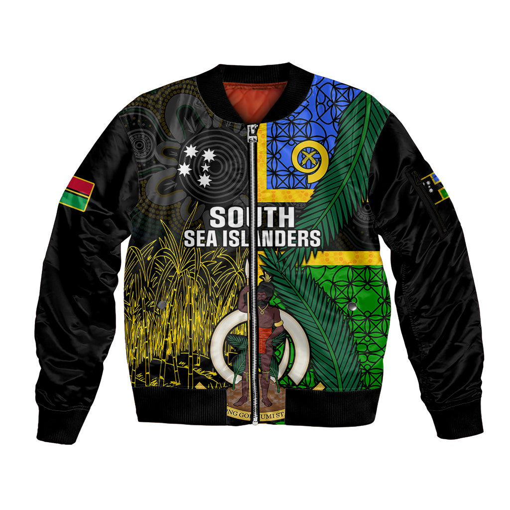 Personalised South Sea Islanders Sleeve Zip Bomber Jacket Kanakas With Vanuatu Coat Of Arms LT14 Unisex Black - Polynesian Pride