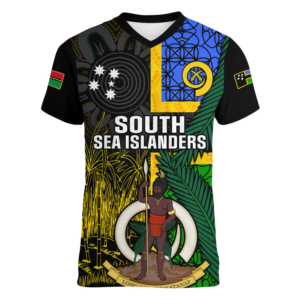 Personalised South Sea Islanders Women V Neck T Shirt Kanakas With Vanuatu Coat Of Arms LT14 Female Black - Polynesian Pride