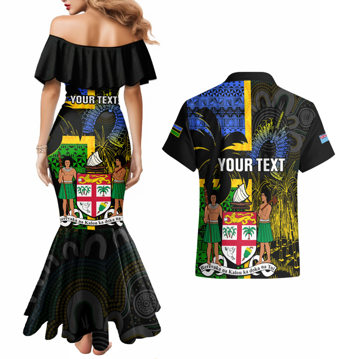 Personalised South Sea Islanders Couples Matching Mermaid Dress and Hawaiian Shirt Kanakas With Fiji Coat Of Arms LT14 - Polynesian Pride