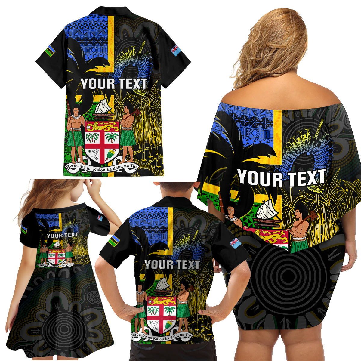 Personalised South Sea Islanders Family Matching Off Shoulder Short Dress and Hawaiian Shirt Kanakas With Fiji Coat Of Arms LT14 - Polynesian Pride