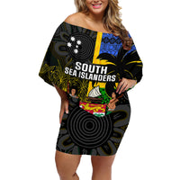 Personalised South Sea Islanders Family Matching Off Shoulder Short Dress and Hawaiian Shirt Kanakas With Fiji Coat Of Arms LT14 Mom's Dress Black - Polynesian Pride