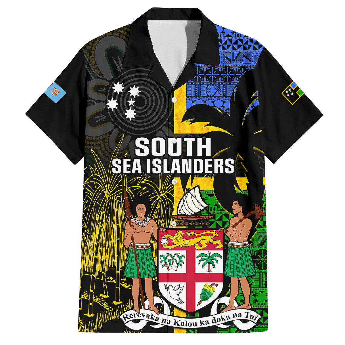 Personalised South Sea Islanders Family Matching Tank Maxi Dress and Hawaiian Shirt Kanakas With Fiji Coat Of Arms LT14 Dad's Shirt - Short Sleeve Black - Polynesian Pride