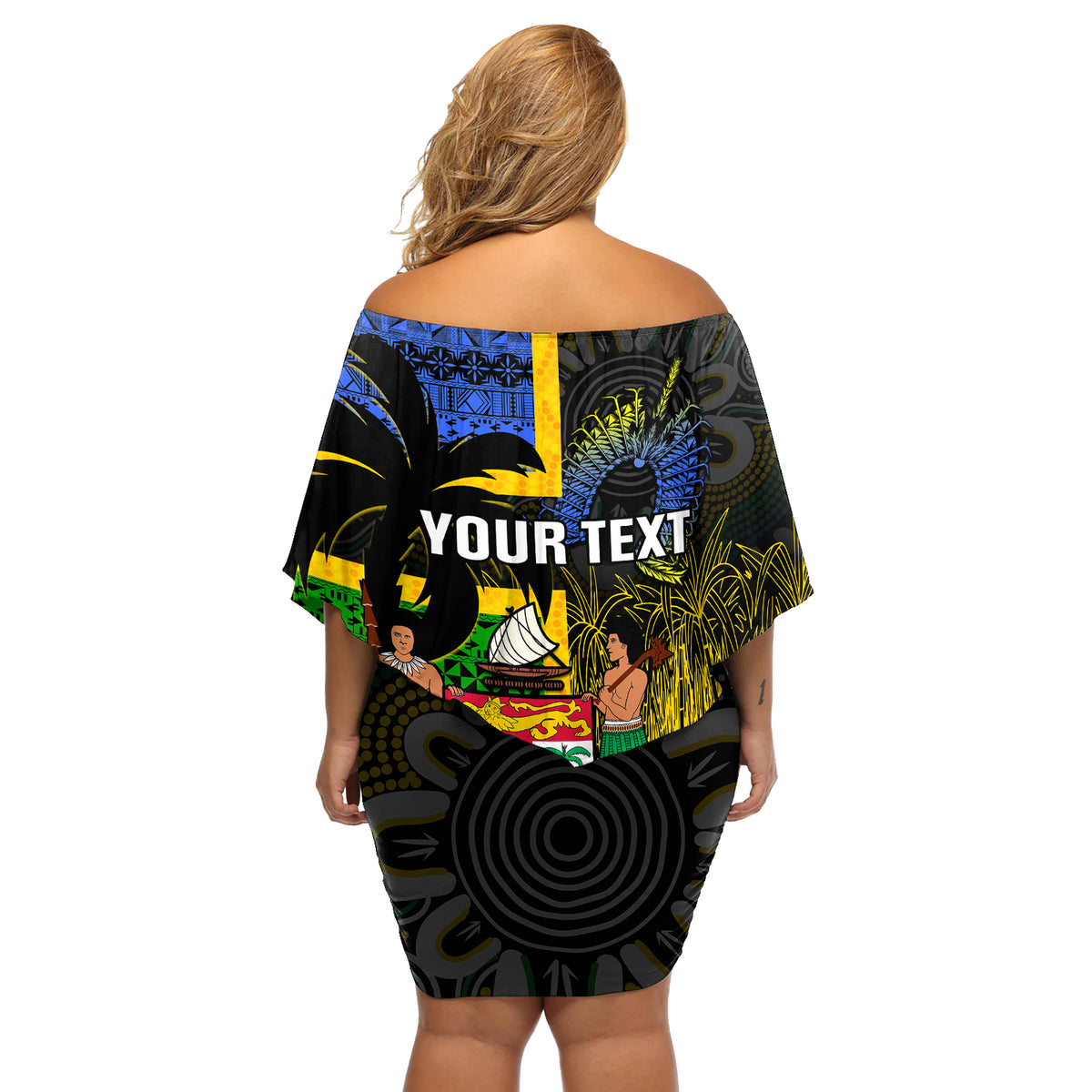 Personalised South Sea Islanders Off Shoulder Short Dress Kanakas With Fiji Coat Of Arms LT14 - Polynesian Pride