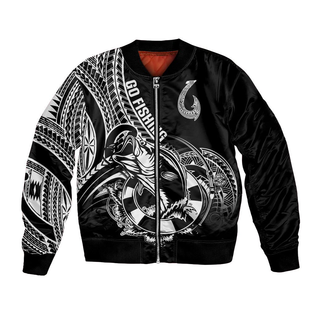 Personalised Polynesia Bomber Jacket Fish Hook Tattoo Go Fishing Polynesian Pattern Black LT14 Unisex Black - Polynesian Pride