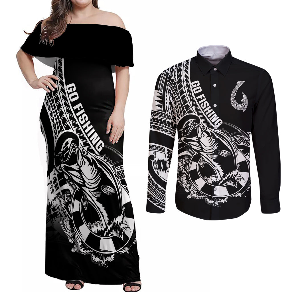 Personalised Polynesia Couples Matching Off Shoulder Maxi Dress and Long Sleeve Button Shirts Fish Hook Tattoo Go Fishing Polynesian Pattern Black LT14 Black - Polynesian Pride