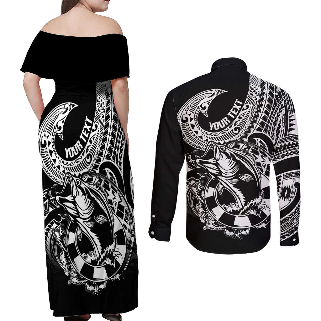Personalised Polynesia Couples Matching Off Shoulder Maxi Dress and Long Sleeve Button Shirts Fish Hook Tattoo Go Fishing Polynesian Pattern Black LT14 - Polynesian Pride