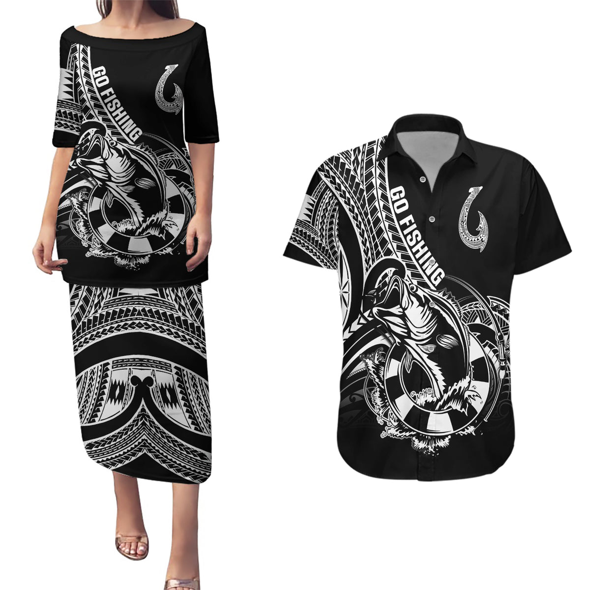 Personalised Polynesia Couples Matching Puletasi Dress and Hawaiian Shirt Fish Hook Tattoo Go Fishing Polynesian Pattern Black LT14 Black - Polynesian Pride