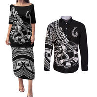 Personalised Polynesia Couples Matching Puletasi Dress and Long Sleeve Button Shirts Fish Hook Tattoo Go Fishing Polynesian Pattern Black LT14 Black - Polynesian Pride