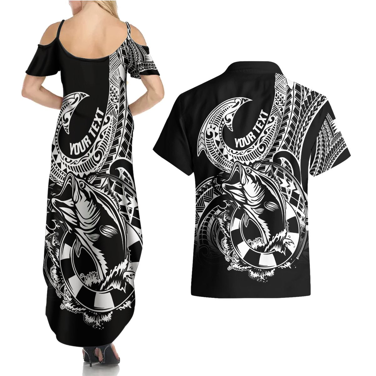 Personalised Polynesia Couples Matching Summer Maxi Dress and Hawaiian Shirt Fish Hook Tattoo Go Fishing Polynesian Pattern Black LT14 - Polynesian Pride