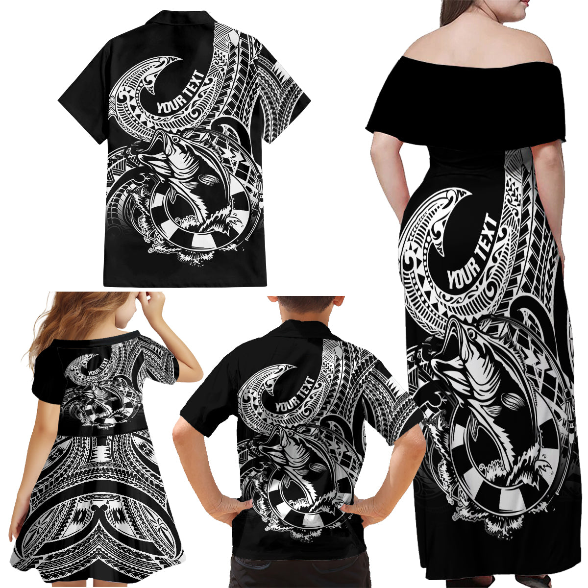 Personalised Polynesia Family Matching Off Shoulder Maxi Dress and Hawaiian Shirt Fish Hook Tattoo Go Fishing Polynesian Pattern Black LT14 - Polynesian Pride