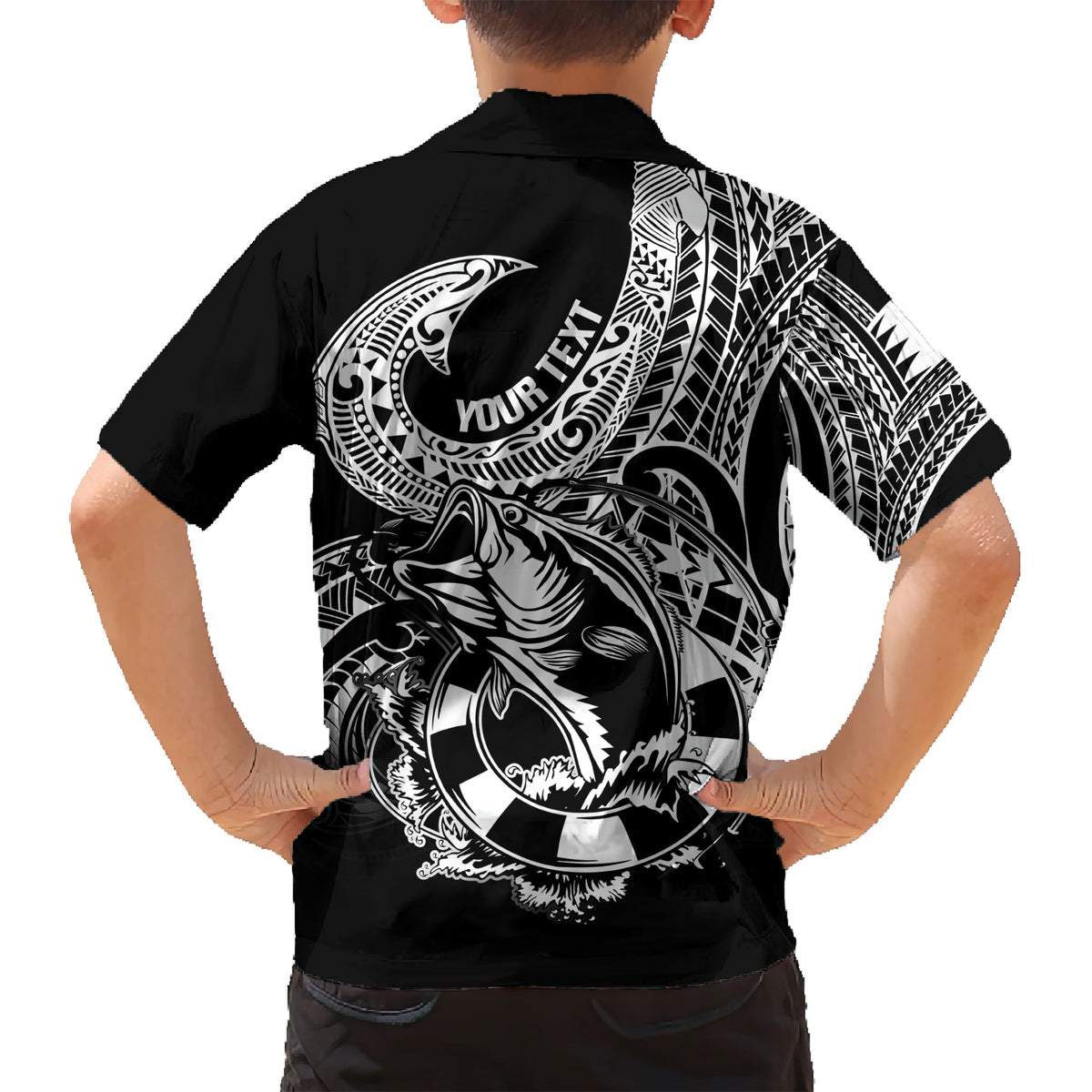 Personalised Polynesia Kid Hawaiian Shirt Fish Hook Tattoo Go Fishing Polynesian Pattern Black LT14 - Polynesian Pride