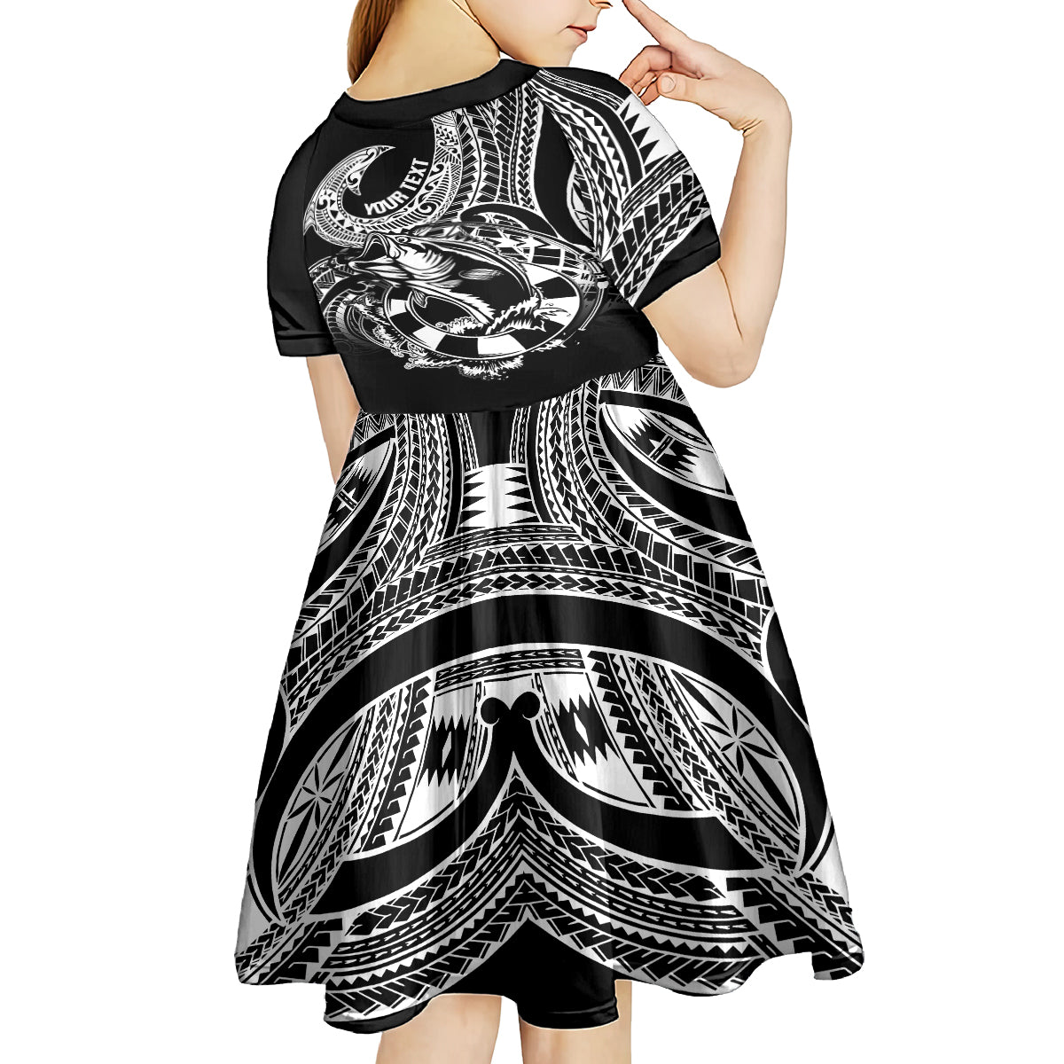 Personalised Polynesia Kid Short Sleeve Dress Fish Hook Tattoo Go Fishing Polynesian Pattern Black LT14 - Polynesian Pride