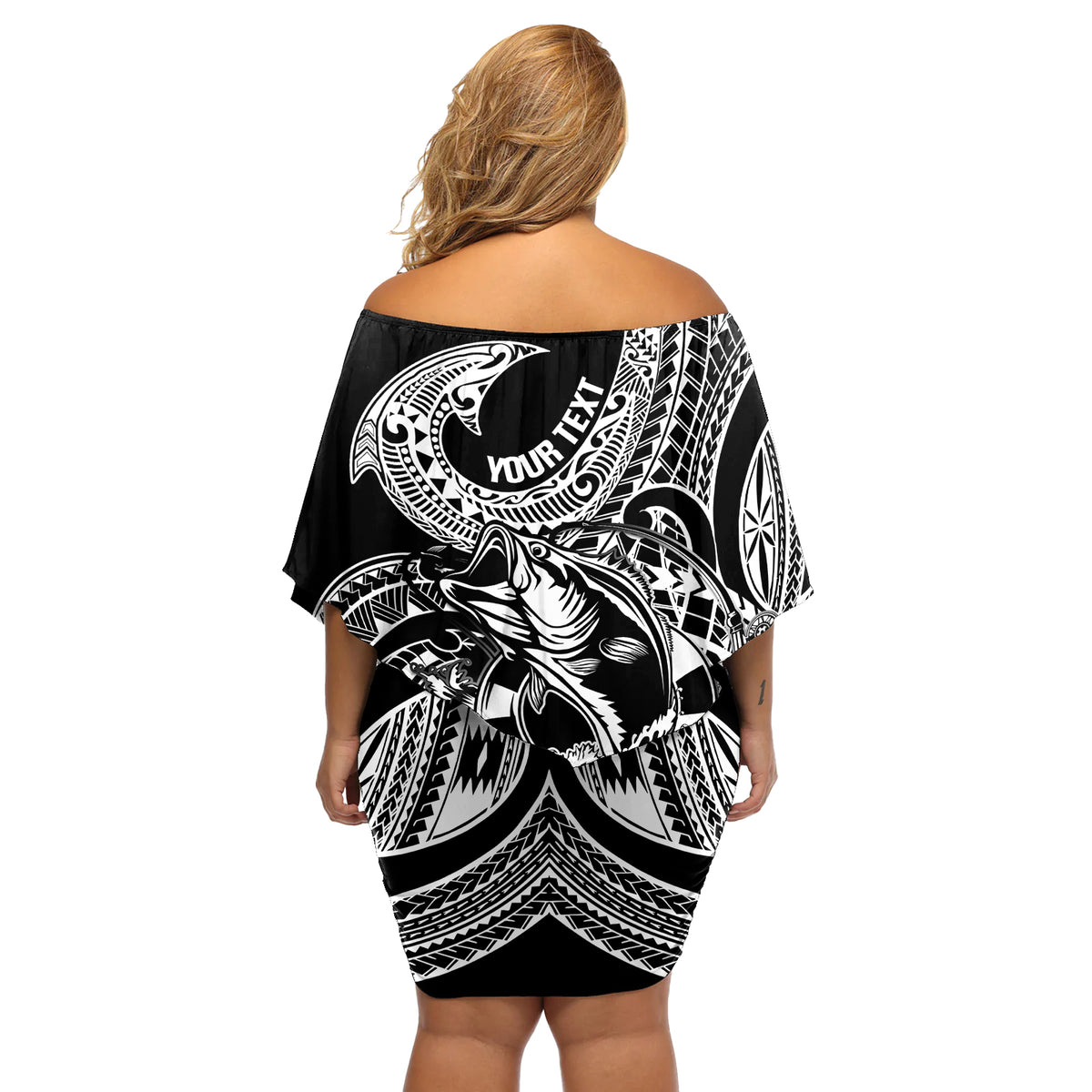 Personalised Polynesia Off Shoulder Short Dress Fish Hook Tattoo Go Fishing Polynesian Pattern Black LT14 - Polynesian Pride