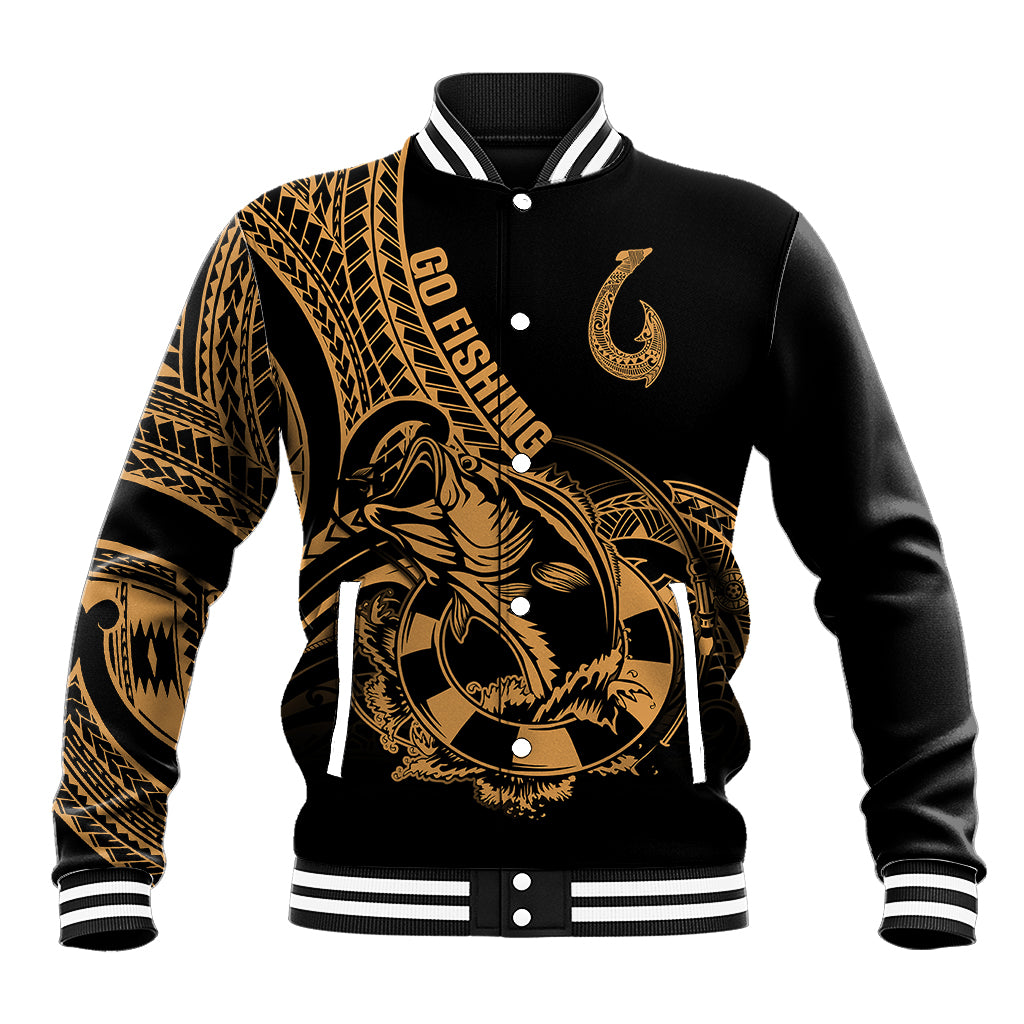 Polynesia Baseball Jacket Fish Hook Tattoo Go Fishing Polynesian Pattern Gold LT14 Unisex Gold - Polynesian Pride