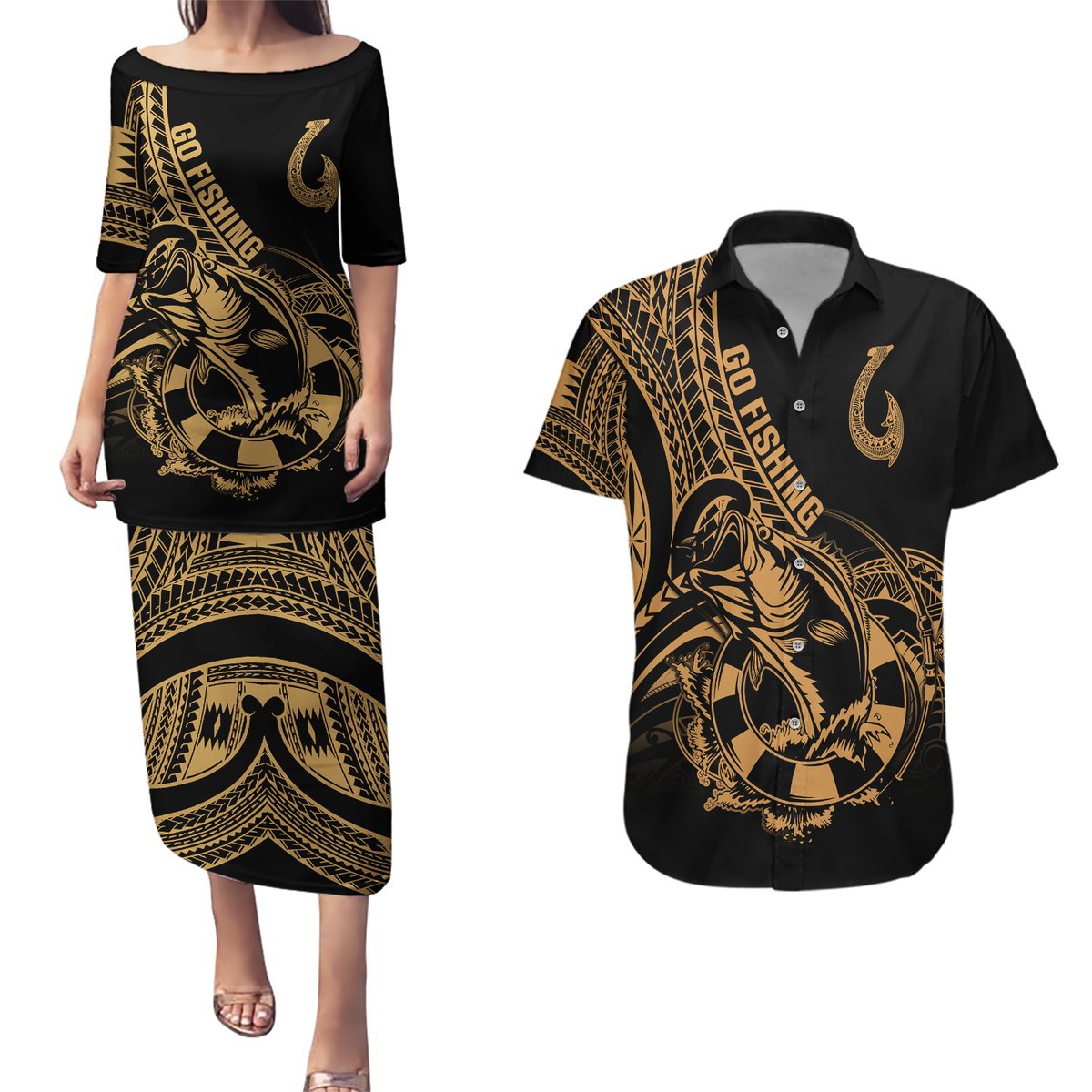 Polynesia Couples Matching Puletasi Dress and Hawaiian Shirt Fish Hook Tattoo Go Fishing Polynesian Pattern Gold LT14 Gold - Polynesian Pride