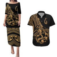 Polynesia Couples Matching Puletasi Dress and Hawaiian Shirt Fish Hook Tattoo Go Fishing Polynesian Pattern Gold LT14 Gold - Polynesian Pride