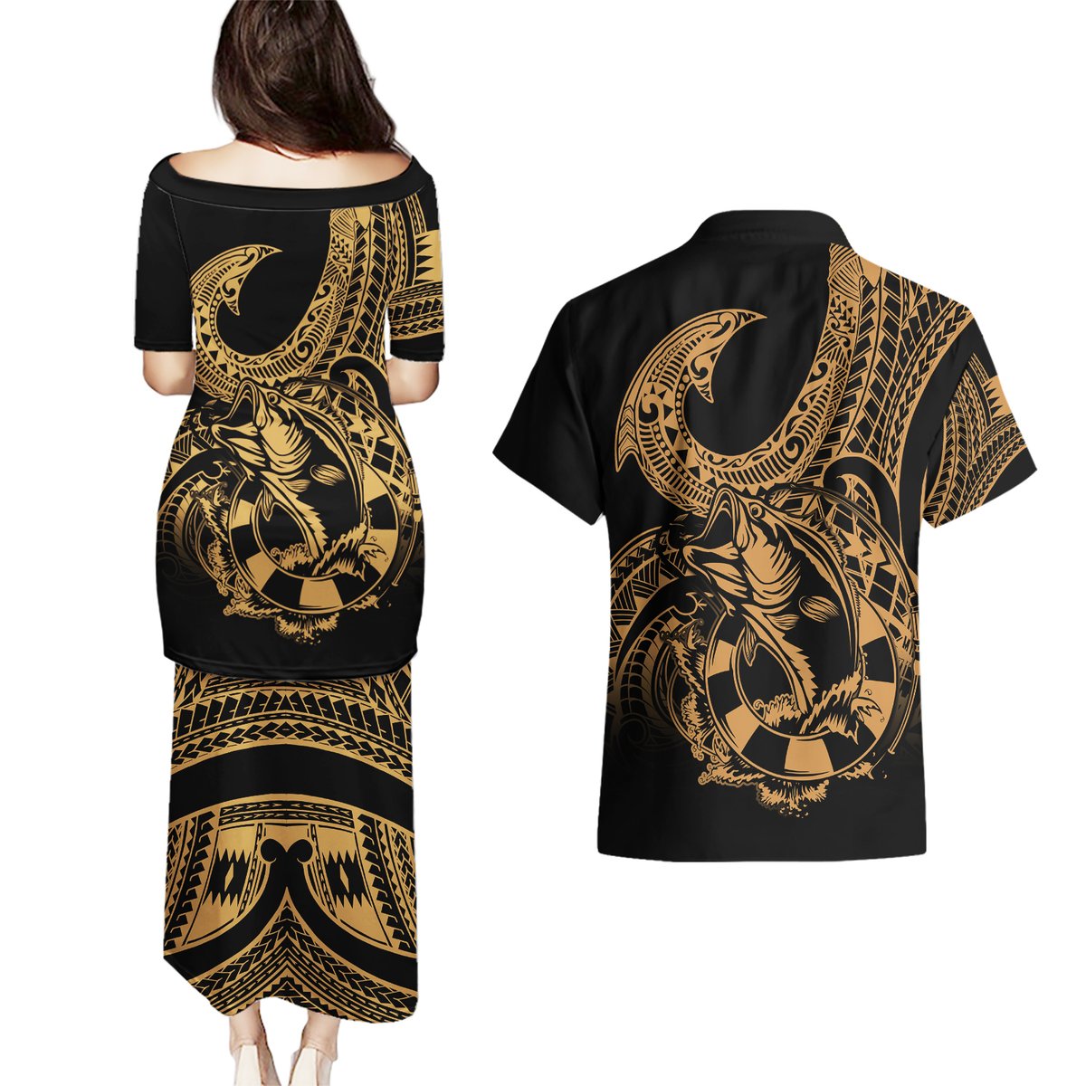 Polynesia Couples Matching Puletasi Dress and Hawaiian Shirt Fish Hook Tattoo Go Fishing Polynesian Pattern Gold LT14 - Polynesian Pride