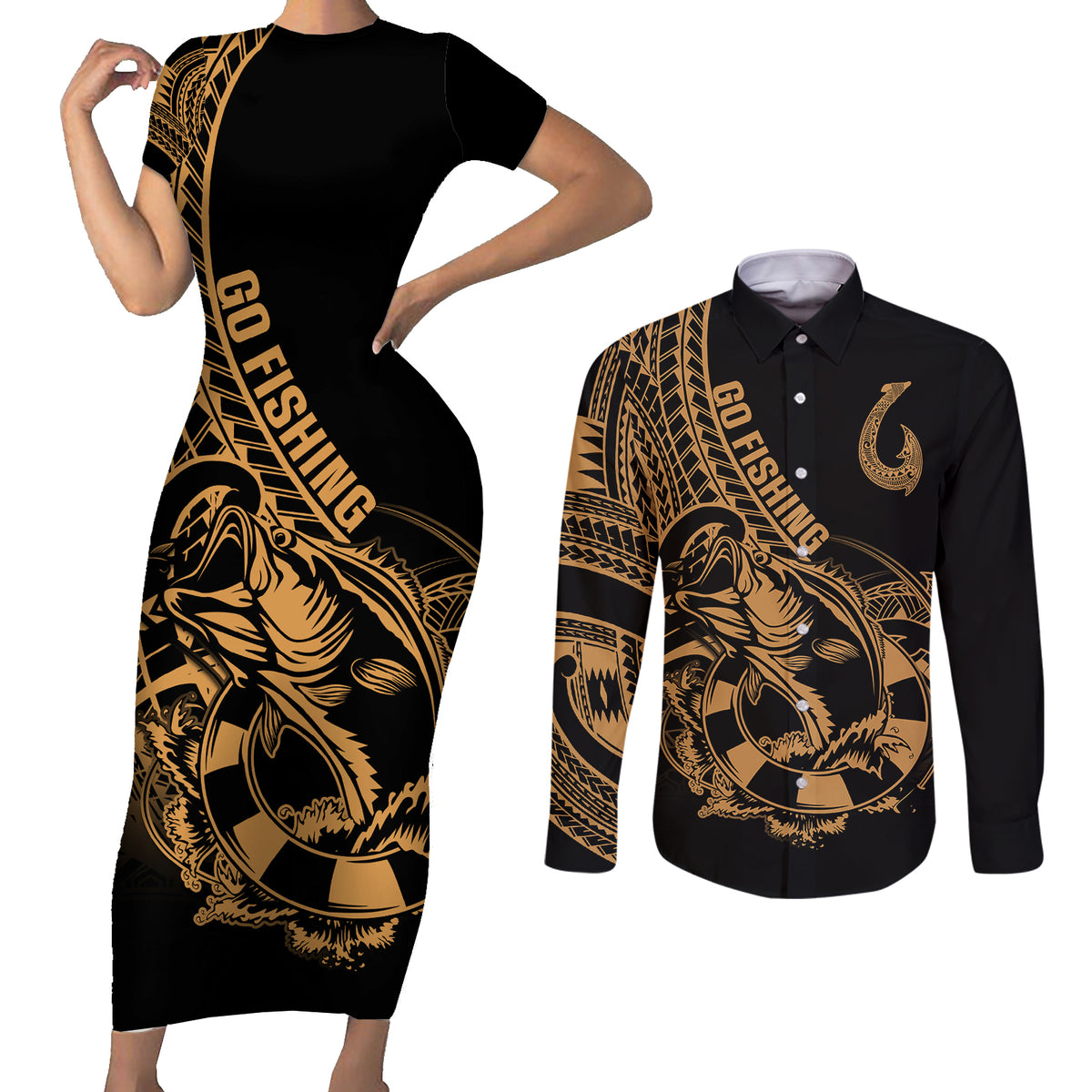 polynesia-couples-matching-short-sleeve-bodycon-dress-and-long-sleeve-button-shirts-fish-hook-tattoo-go-fishing-polynesian-pattern-gold