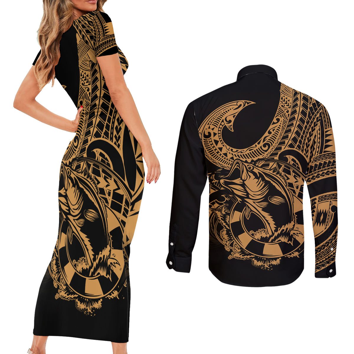 polynesia-couples-matching-short-sleeve-bodycon-dress-and-long-sleeve-button-shirts-fish-hook-tattoo-go-fishing-polynesian-pattern-gold