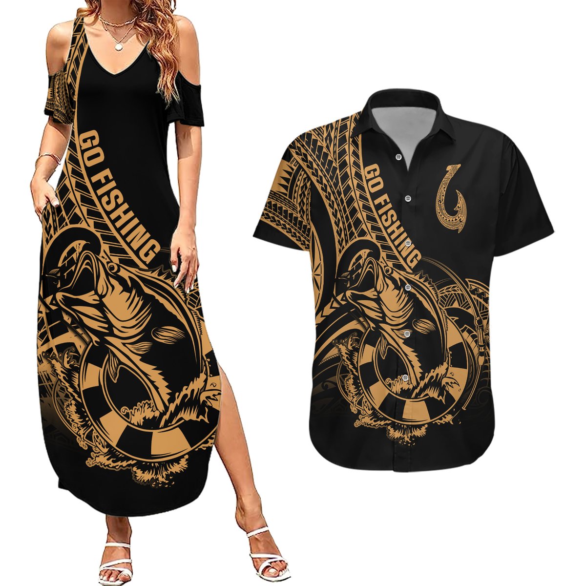 polynesia-couples-matching-summer-maxi-dress-and-hawaiian-shirt-fish-hook-tattoo-go-fishing-polynesian-pattern-gold
