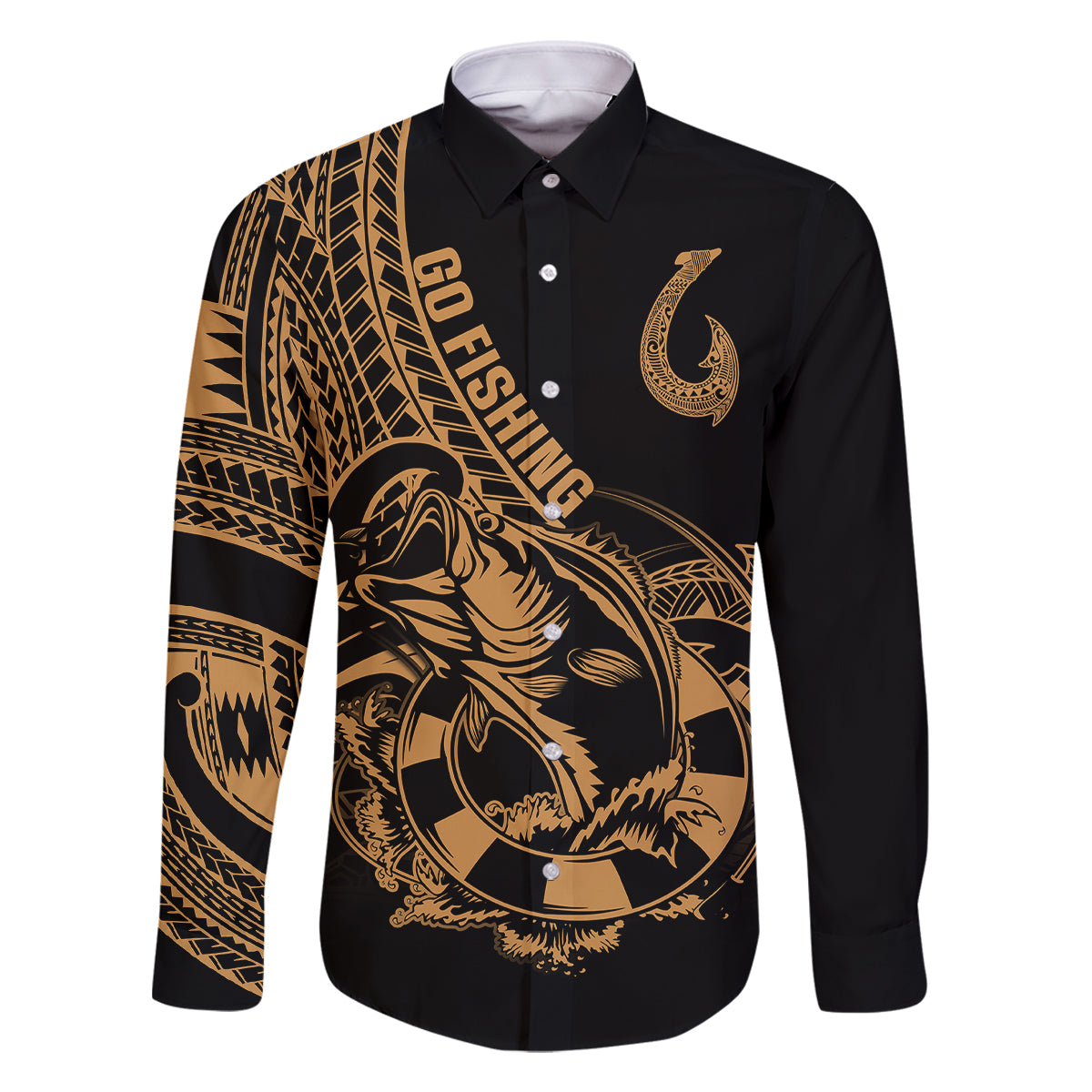 polynesia-family-matching-long-sleeve-bodycon-dress-and-hawaiian-shirt-fish-hook-tattoo-go-fishing-polynesian-pattern-gold