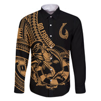 polynesia-family-matching-long-sleeve-bodycon-dress-and-hawaiian-shirt-fish-hook-tattoo-go-fishing-polynesian-pattern-gold