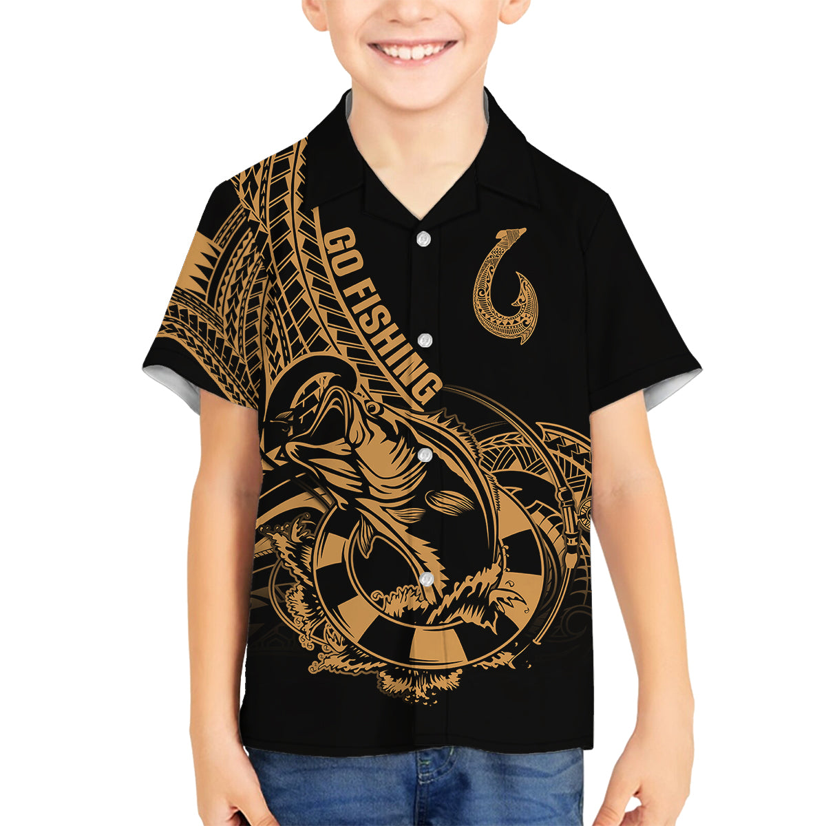 polynesia-family-matching-long-sleeve-bodycon-dress-and-hawaiian-shirt-fish-hook-tattoo-go-fishing-polynesian-pattern-gold