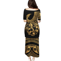 Polynesia Family Matching Puletasi Dress and Hawaiian Shirt Fish Hook Tattoo Go Fishing Polynesian Pattern Gold LT14 - Polynesian Pride